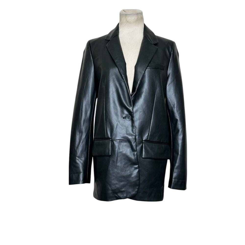 Zara Black Faux Soft Leather One Button Blazer Jacket Size S